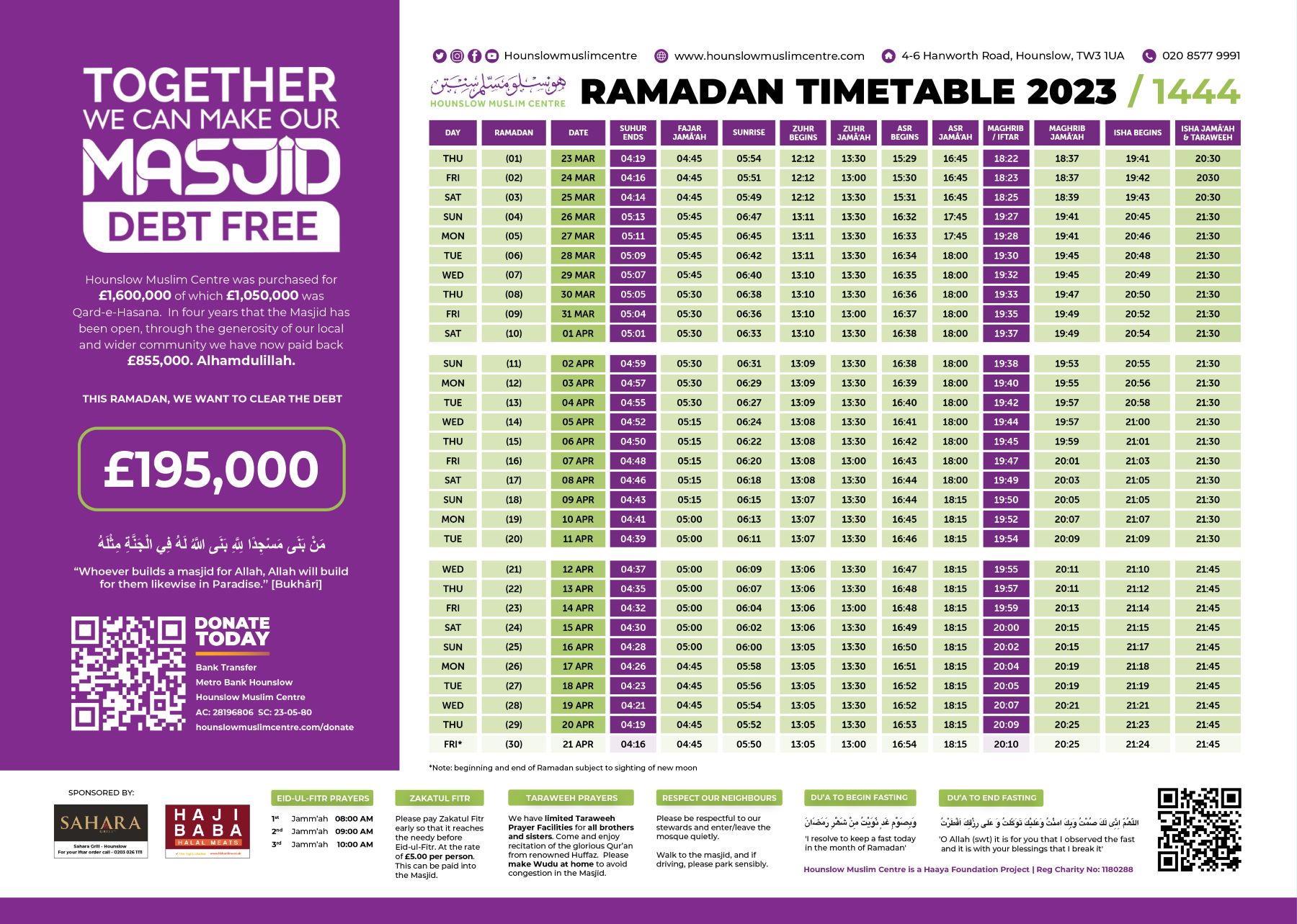 Ramadan Timetable 2023 Hounslow Muslim Centre